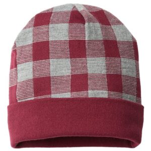 USA-Made Plaid Beanie - Maroon/ Heather