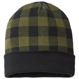 USA-Made Plaid Beanie - Olive Green/ Black