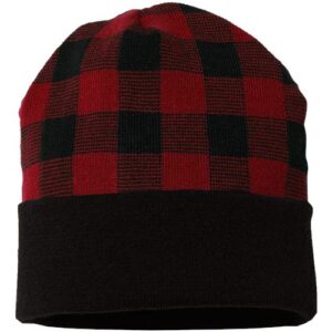 USA-Made Plaid Beanie - Black/ True Red