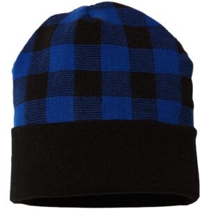 USA-Made Plaid Beanie - Black/ True Royal