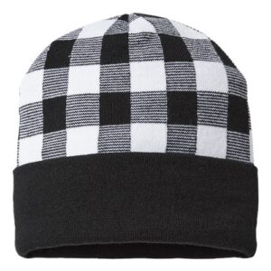 USA-Made Plaid Beanie - White/ Black