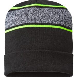 USA-Made Variegated Striped Cuffed Beanie - Black/ Neon Yellow