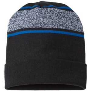 USA-Made Variegated Striped Cuffed Beanie - Black/ True Royal